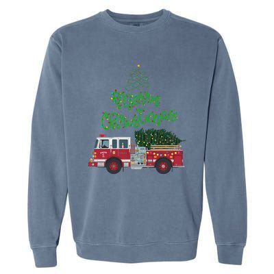 Merry Christmas Firetruck Xmas Tree Lights Garment-Dyed Sweatshirt