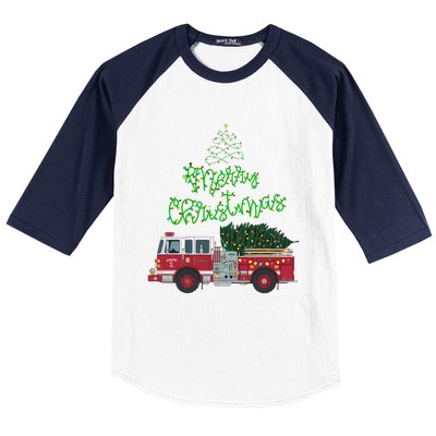 Merry Christmas Firetruck Xmas Tree Lights Baseball Sleeve Shirt