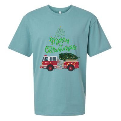 Merry Christmas Firetruck Xmas Tree Lights Sueded Cloud Jersey T-Shirt