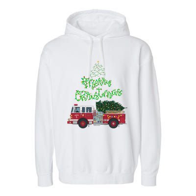 Merry Christmas Firetruck Xmas Tree Lights Garment-Dyed Fleece Hoodie