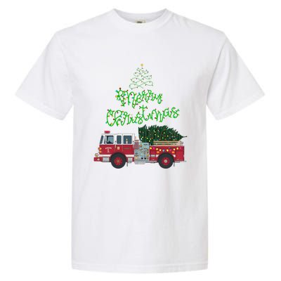 Merry Christmas Firetruck Xmas Tree Lights Garment-Dyed Heavyweight T-Shirt