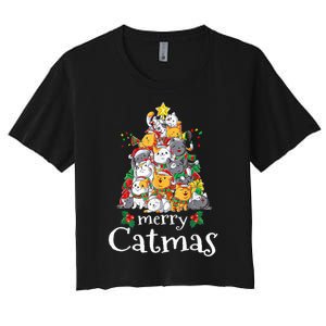 Merry Catmas Funny Cat Dad Cat Mom Christmas Cat Wo  Women's Crop Top Tee