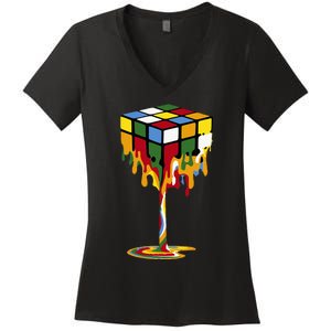 Melting Cube Funny Rubik Rubix Rubics Women's V-Neck T-Shirt