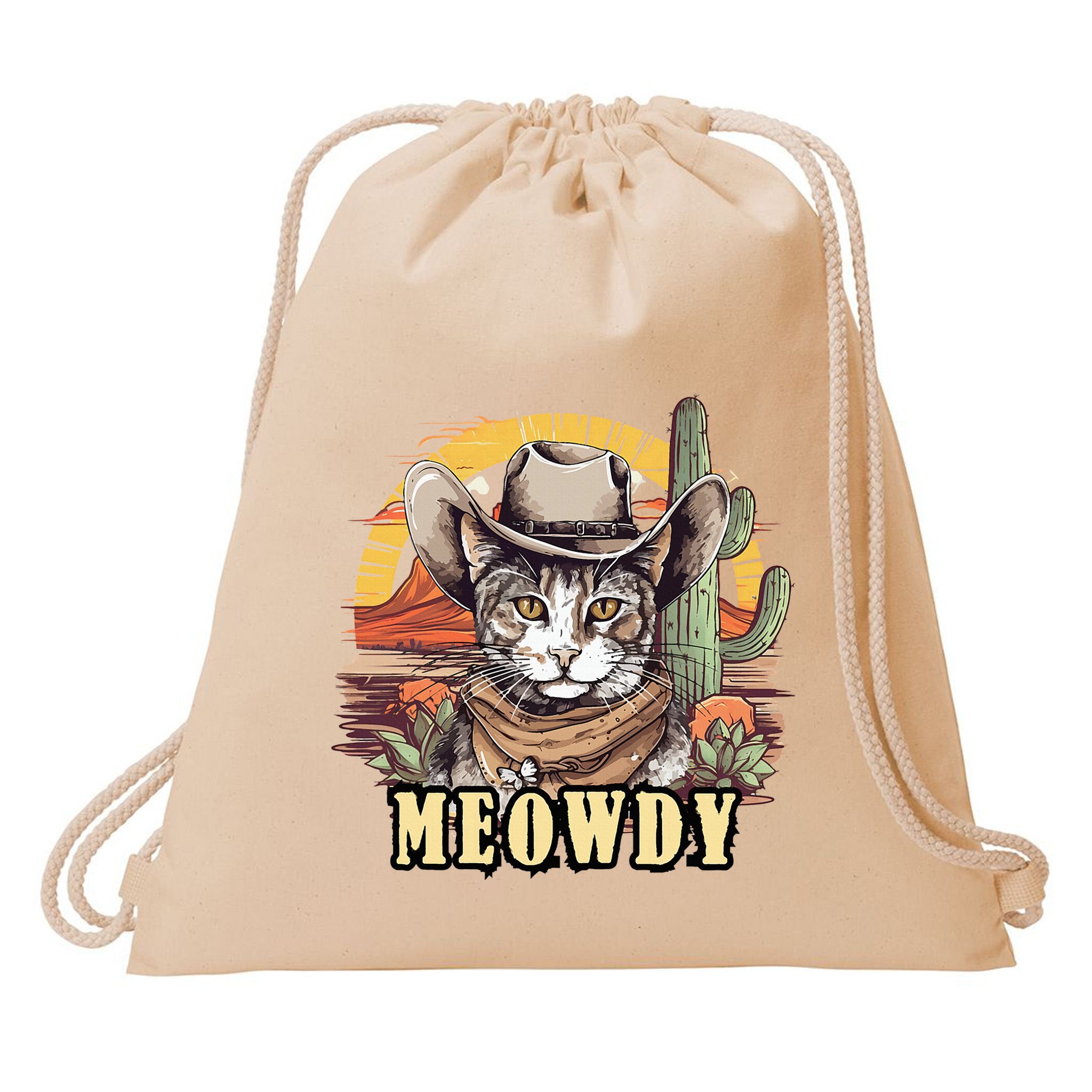 Meowdy Cat Funny Howdy Meme Wild West Cowboy Hat Drawstring Bag