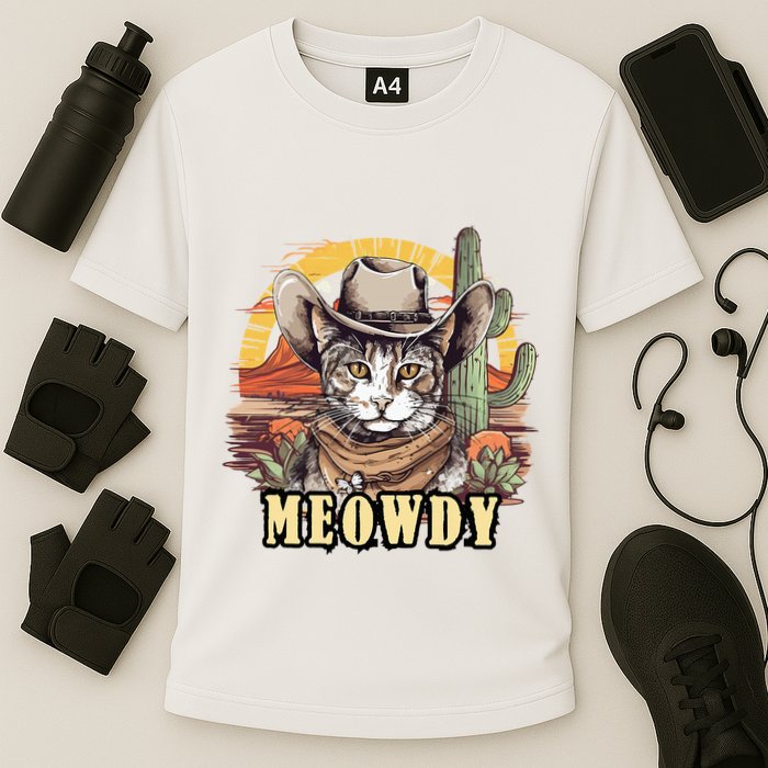 Meowdy Cat Funny Howdy Meme Wild West Cowboy Hat Cooling Performance Crew T-Shirt