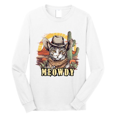 Meowdy Cat Funny Howdy Meme Wild West Cowboy Hat Long Sleeve Shirt
