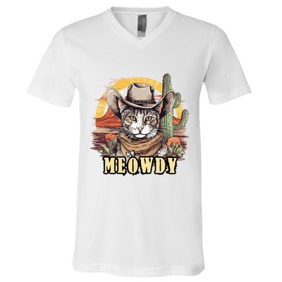 Meowdy Cat Funny Howdy Meme Wild West Cowboy Hat V-Neck T-Shirt