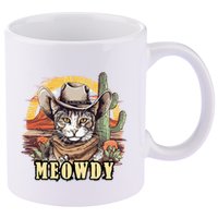 Meowdy Cat Funny Howdy Meme Wild West Cowboy Hat 11oz C Handle Ceramic Mug