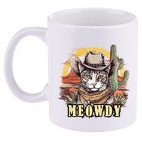 Meowdy Cat Funny Howdy Meme Wild West Cowboy Hat 11oz C Handle Ceramic Mug