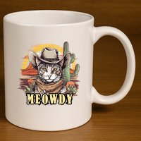Meowdy Cat Funny Howdy Meme Wild West Cowboy Hat 11oz C Handle Ceramic Mug