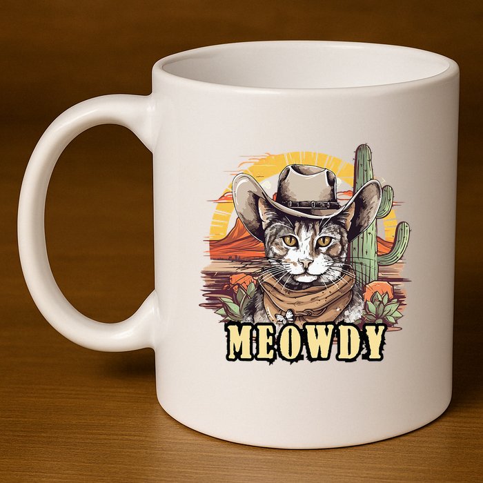 Meowdy Cat Funny Howdy Meme Wild West Cowboy Hat 11oz C Handle Ceramic Mug