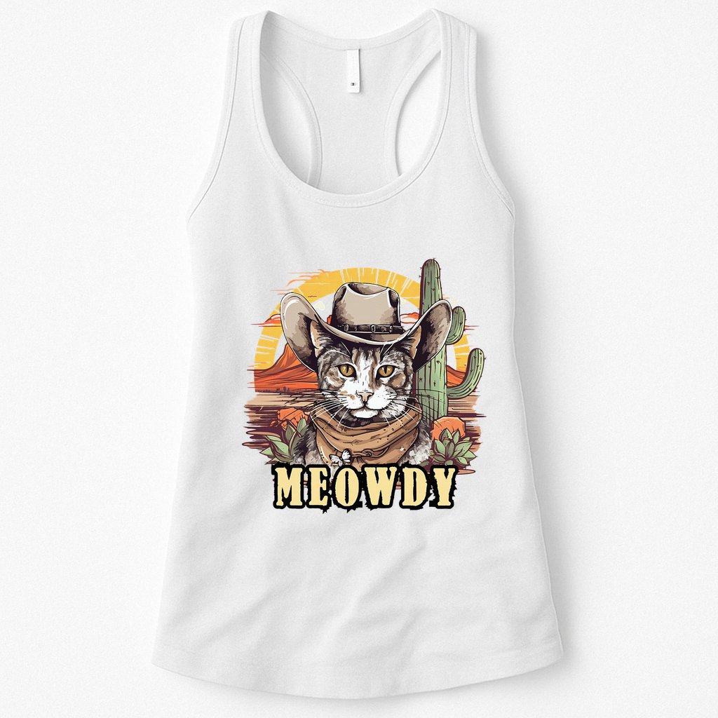 Meowdy Cat Funny Howdy Meme Wild West Cowboy Hat Womens Tank Top