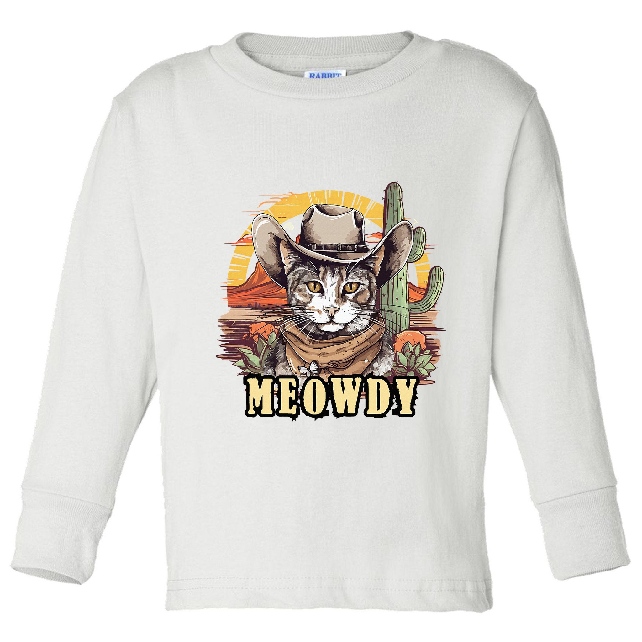 Meowdy Cat Funny Howdy Meme Wild West Cowboy Hat Toddler Long Sleeve Shirt