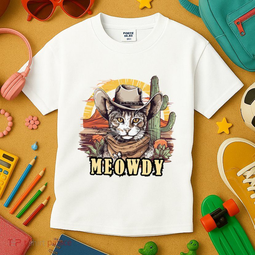 Meowdy Cat Funny Howdy Meme Wild West Cowboy Hat Kids T-Shirt