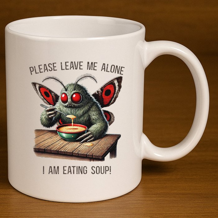 Mothman Cryptozoology Funny Cryptid Mothman Eating Soup 11oz C Handle Ceramic Mug