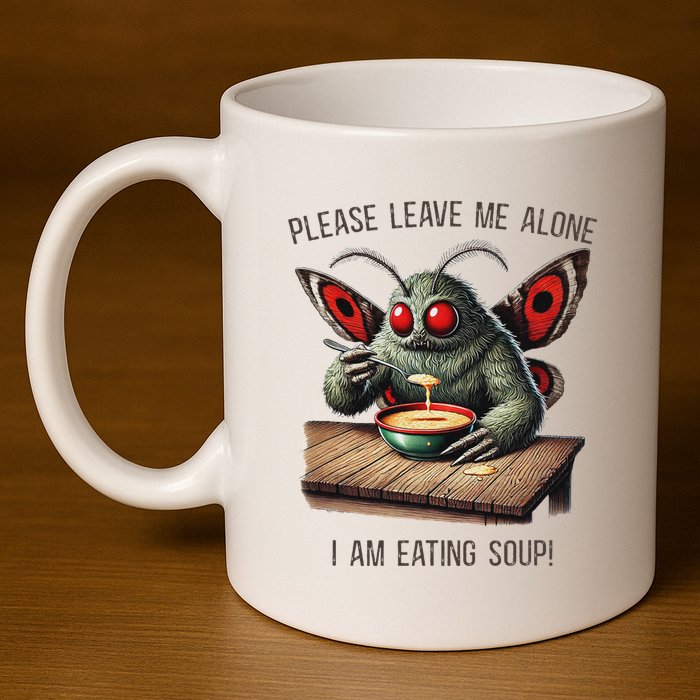 Mothman Cryptozoology Funny Cryptid Mothman Eating Soup 11oz C Handle Ceramic Mug