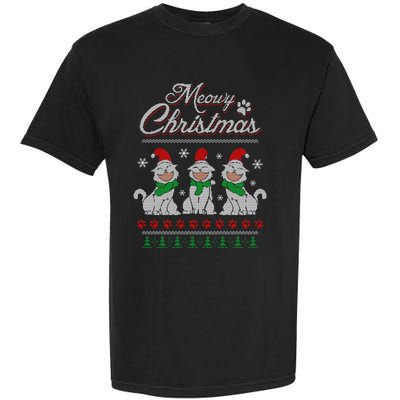 Meowy Catmas Funny Merry Christmas Kitten Cat Ugly Sweater Garment-Dyed Heavyweight T-Shirt