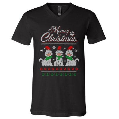 Meowy Catmas Funny Merry Christmas Kitten Cat Ugly Sweater V-Neck T-Shirt