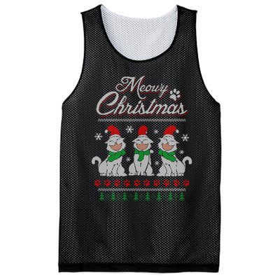 Meowy Catmas Funny Merry Christmas Kitten Cat Ugly Sweater Mesh Reversible Basketball Jersey Tank