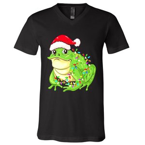 Merry Christmas Frog Santa Hat Lights Xmas V-Neck T-Shirt