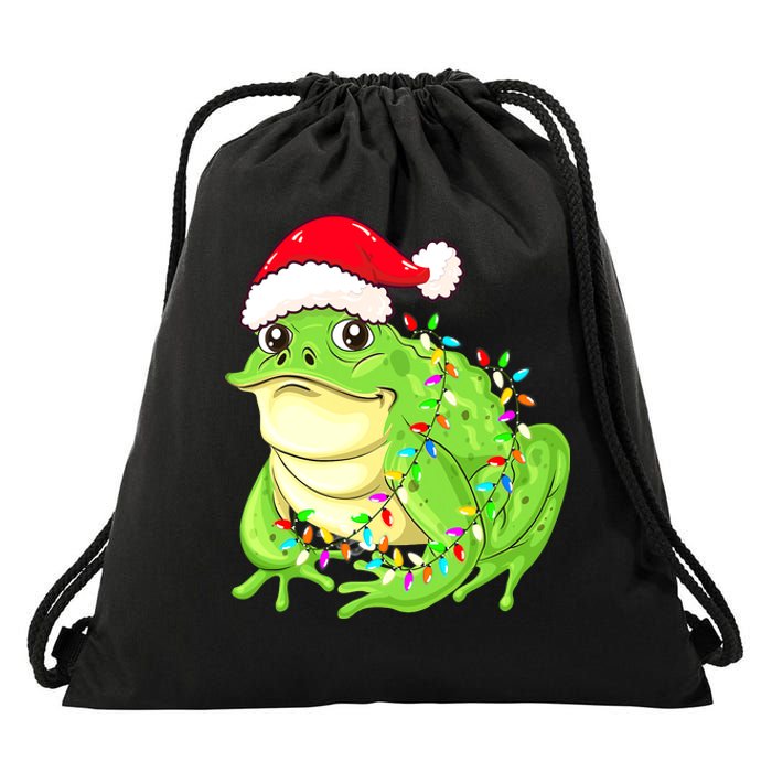 Merry Christmas Frog Santa Hat Lights Xmas Drawstring Bag