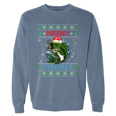 Merry Christmas Fishmas Ugly Xmas Sweater Santa Bass Fishing Great Gift Garment-Dyed Sweatshirt