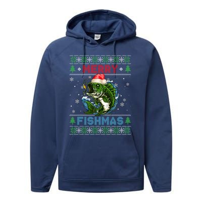 Merry Christmas Fishmas Ugly Xmas Sweater Santa Bass Fishing Great Gift Performance Fleece Hoodie