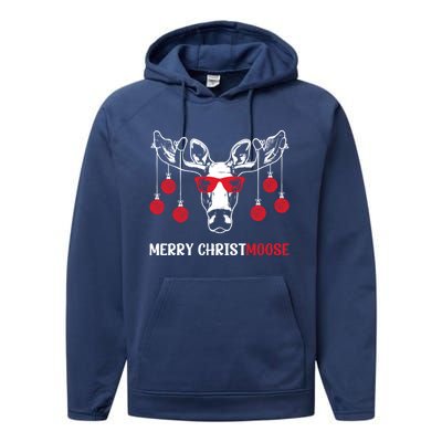 Merry Christmoose Funny Christmas Moose Festive Animal Pun Cool Gift Performance Fleece Hoodie