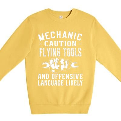 Mechanic Caution Flying Tools Funny Auto Mechanic Premium Crewneck Sweatshirt