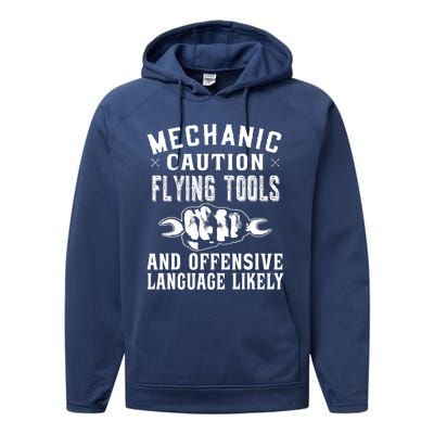 Mechanic Caution Flying Tools Funny Auto Mechanic Performance Fleece Hoodie