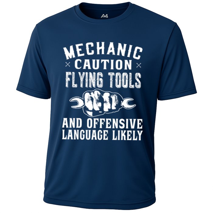 Mechanic Caution Flying Tools Funny Auto Mechanic Performance Shirt
