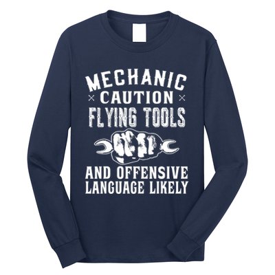 Mechanic Caution Flying Tools Funny Auto Mechanic Long Sleeve Shirt