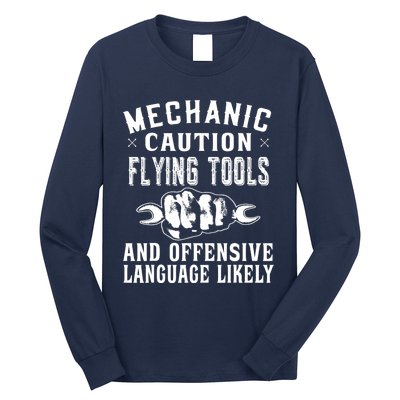 Mechanic Caution Flying Tools Funny Auto Mechanic Long Sleeve Shirt