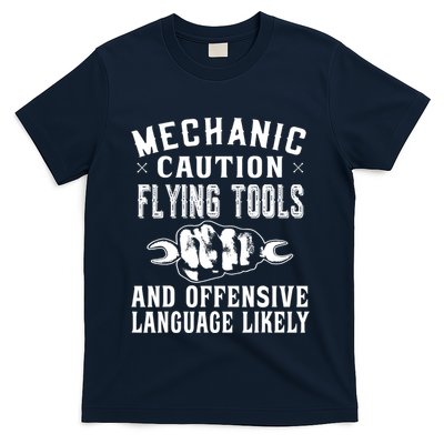 Mechanic Caution Flying Tools Funny Auto Mechanic T-Shirt