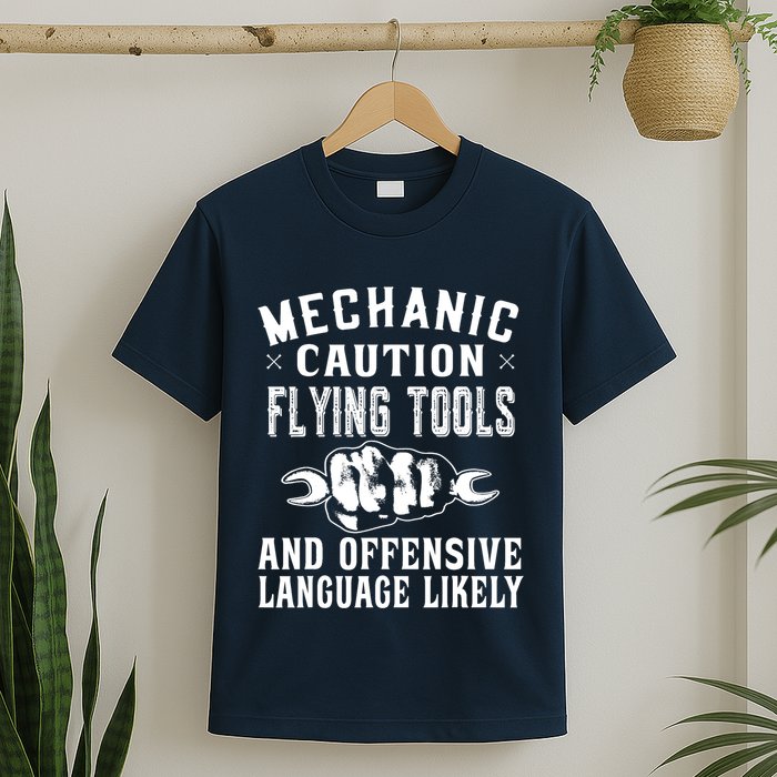 Mechanic Caution Flying Tools Funny Auto Mechanic T-Shirt
