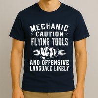 Mechanic Caution Flying Tools Funny Auto Mechanic T-Shirt