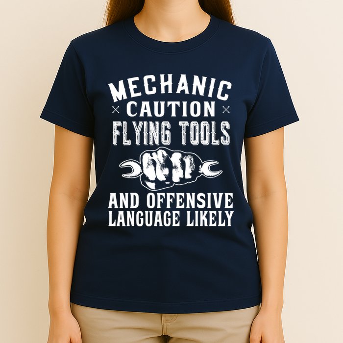 Mechanic Caution Flying Tools Funny Auto Mechanic T-Shirt