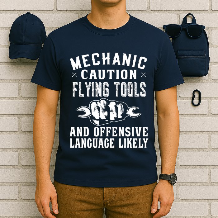 Mechanic Caution Flying Tools Funny Auto Mechanic T-Shirt
