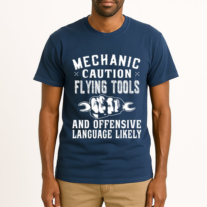 Mechanic Caution Flying Tools Funny Auto Mechanic Tall T-Shirt