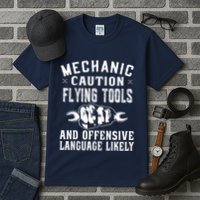 Mechanic Caution Flying Tools Funny Auto Mechanic Tall T-Shirt