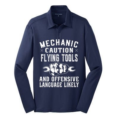 Mechanic Caution Flying Tools Funny Auto Mechanic Silk Touch Performance Long Sleeve Polo