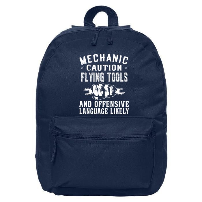 Mechanic Caution Flying Tools Funny Auto Mechanic 16 in Basic Backpack