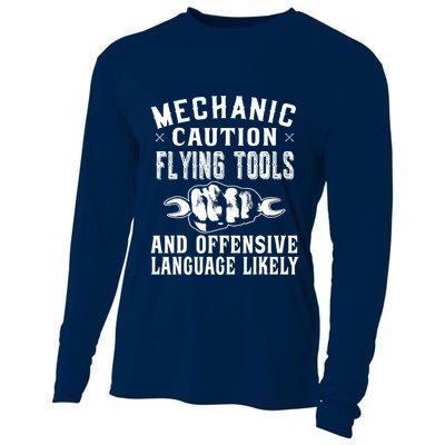 Mechanic Caution Flying Tools Funny Auto Mechanic Cooling Performance Long Sleeve Crew