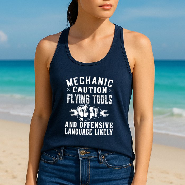 Mechanic Caution Flying Tools Funny Auto Mechanic Womens Tank Top