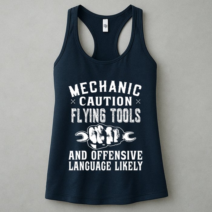 Mechanic Caution Flying Tools Funny Auto Mechanic Womens Tank Top