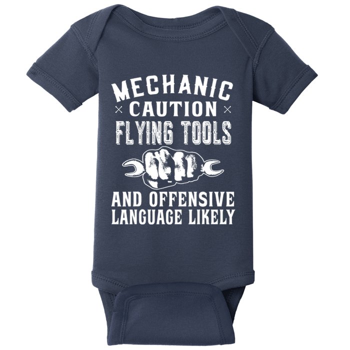 Mechanic Caution Flying Tools Funny Auto Mechanic Baby Bodysuit