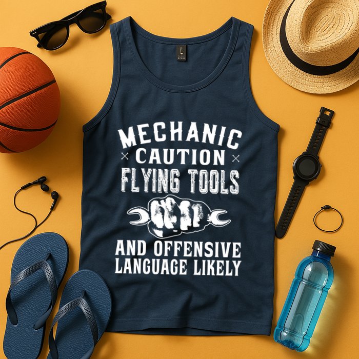 Mechanic Caution Flying Tools Funny Auto Mechanic Tank Top