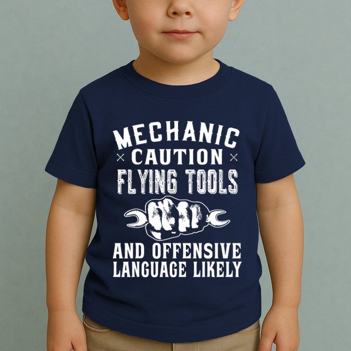 Mechanic Caution Flying Tools Funny Auto Mechanic Toddler T-Shirt