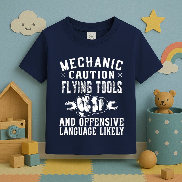 Mechanic Caution Flying Tools Funny Auto Mechanic Toddler T-Shirt