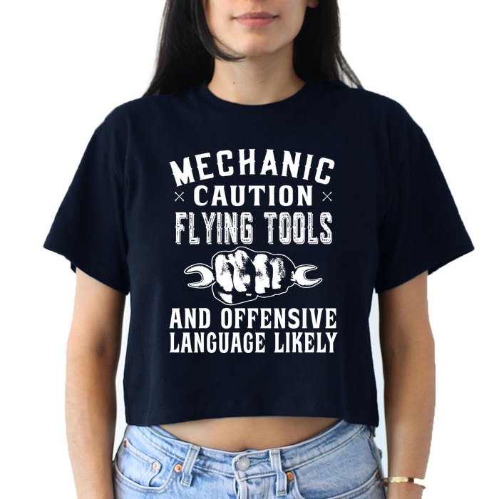 Mechanic Caution Flying Tools Funny Auto Mechanic Crop Top